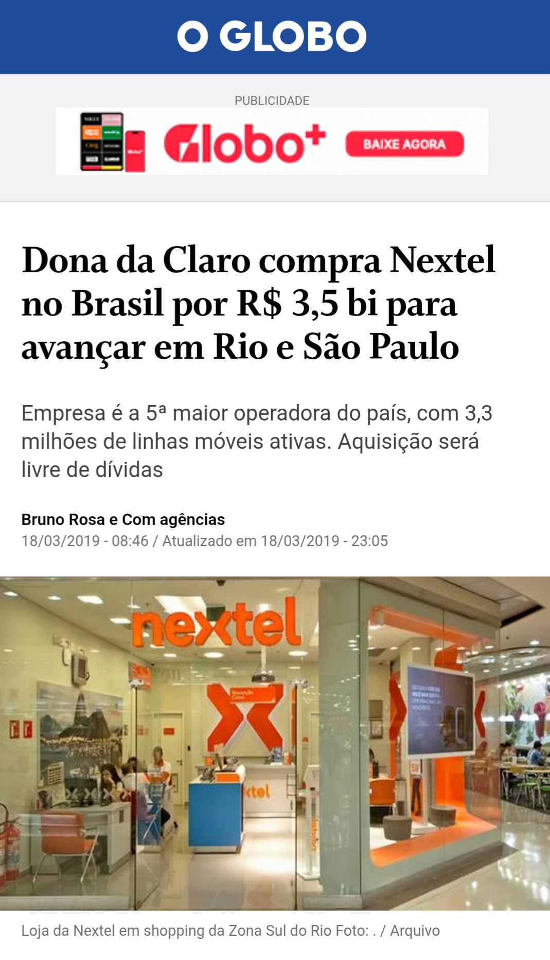 Matéria sobre venda da Nextel por R$ 3,5 bi